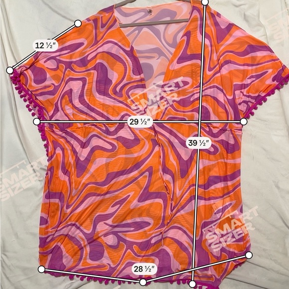 Body Glove Beach Cover Up Dress Orange Pink Psychedelic Pom Pom Trim Mod Large - Picture 5 of 7